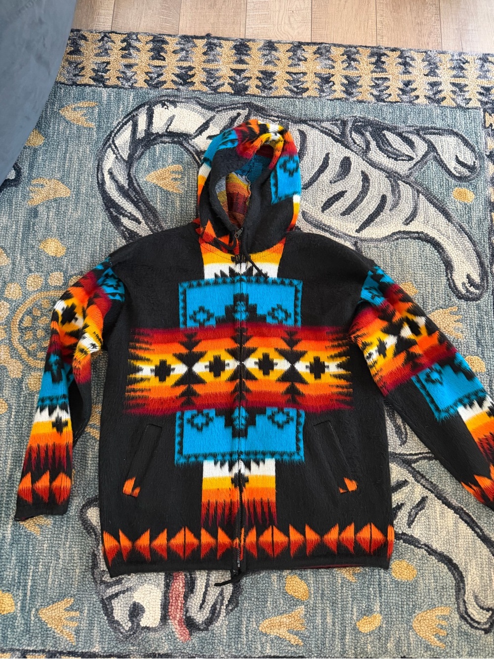 Hooded Zip Sweater in Black with Turquoise & Aztec Pattern
